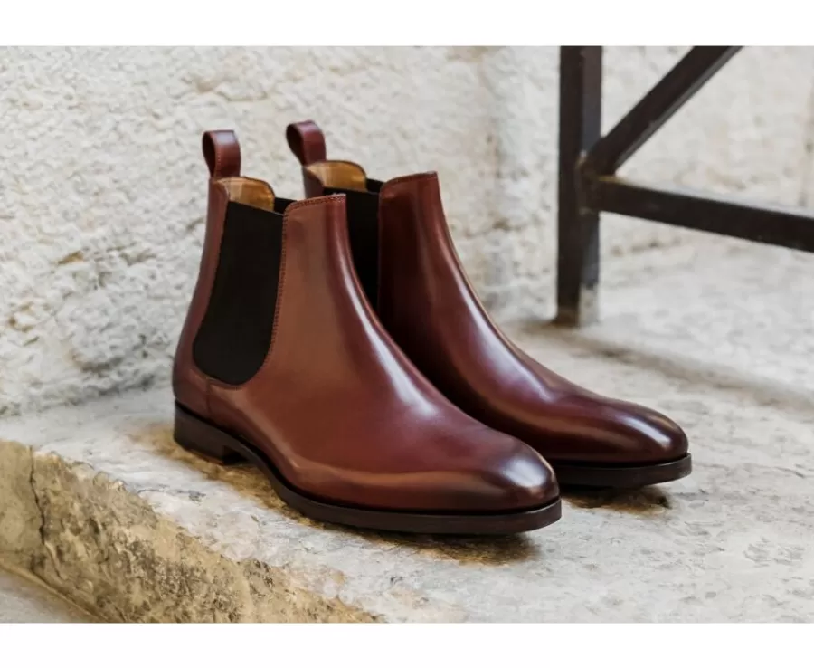 Sale Botines Chelsea de piel para hombre Chocolate patinado Bergame Patin Botas Chelsea | Botas Y Botines