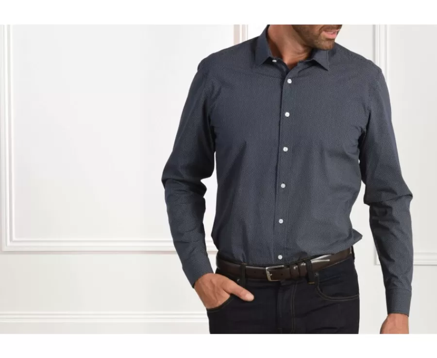 Fashion Camisa Azul marino estampada con motivos beis - Cuello francés Alphonse Corte Ajustado Recortado | Corte Ajustado