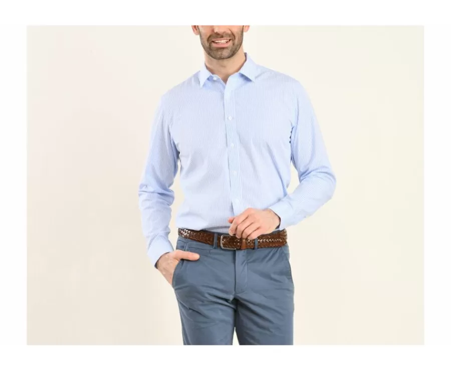 Best Sale Camisa blanca con cuadros celestes - Cuello francés Alfiero Camisas De Cuadros | Corte Ajustado