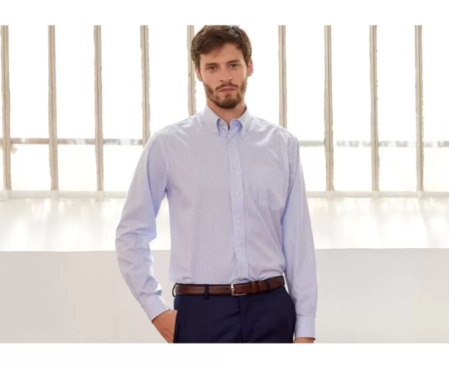 Cheap Camisa blanca de rayas azules con bolsillo en el pecho Broderick Camisas De Vestir | Camisas De Rayas