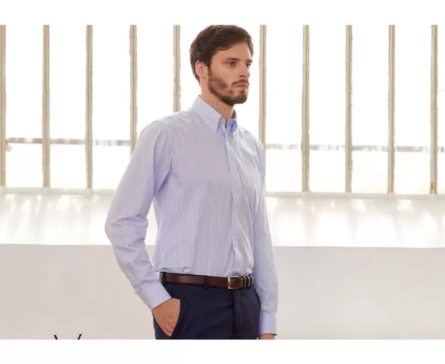 Cheap Camisa blanca de rayas azules con bolsillo en el pecho Broderick Camisas De Vestir | Camisas De Rayas