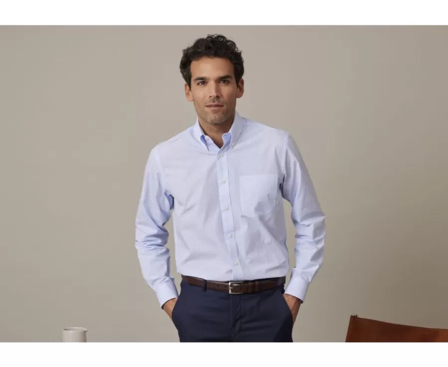 Discount Camisa de algodón a rayas Azul Claro y Blanco - Cuello americano Marlon Camisas De Rayas | Corte Estándar