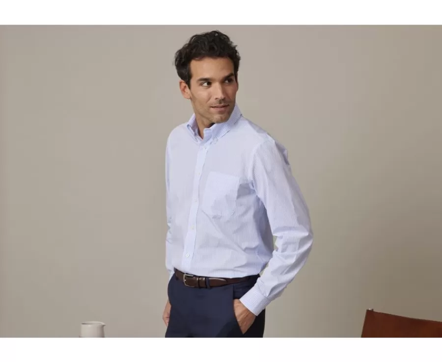 Discount Camisa de algodón a rayas Azul Claro y Blanco - Cuello americano Marlon Camisas De Rayas | Corte Estándar