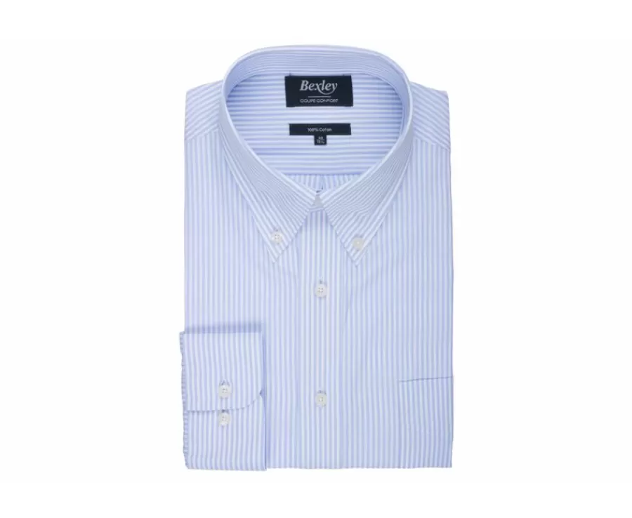 Discount Camisa de algodón a rayas Azul Claro y Blanco - Cuello americano Marlon Camisas De Rayas | Corte Estándar