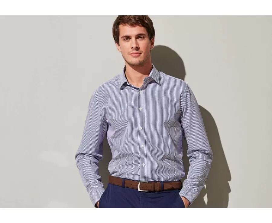 Cheap Camisa de algodón a rayas Azul marino y Blanco Maximilien Camisas De Rayas | Corte Ajustado