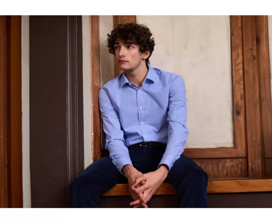 Discount Camisa de algodón Azul claro y Blanco - Cuello francés Valaire Camisas De Cuadros | Corte Ajustado