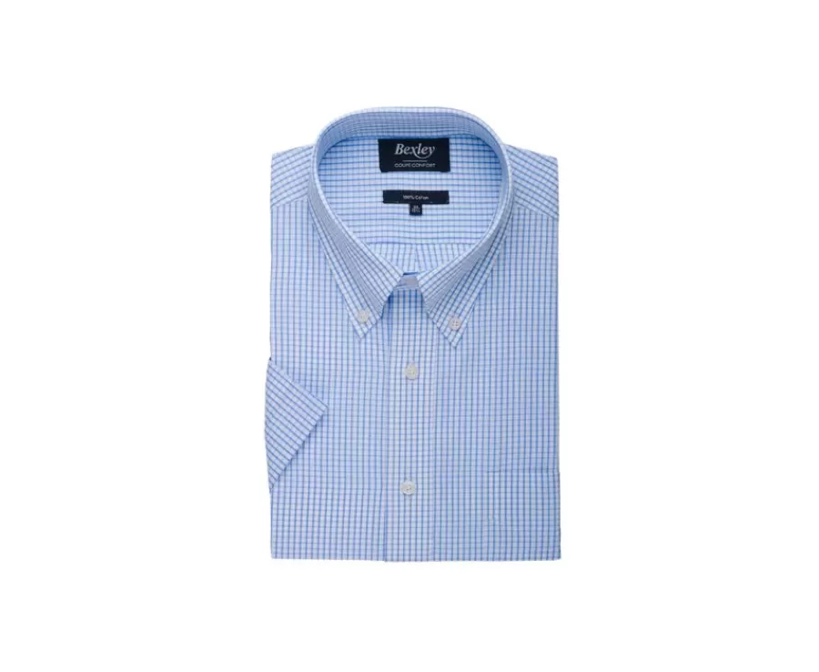 Online Camisa de algodón blanca con pequeños cuadros Azul claro Glenn Mc Camisas De Cuadros | Corte Estándar