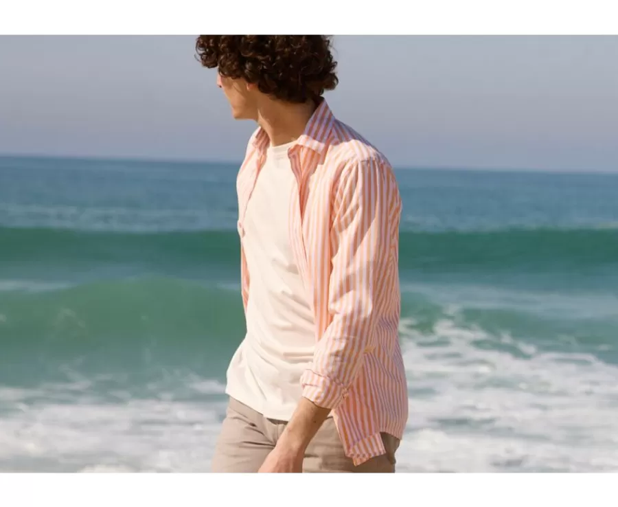 Outlet Camisa de algodón y lino a rayas Amarillo Naranja y Blanco Simonin Camisas De Rayas | Camisas De Boda