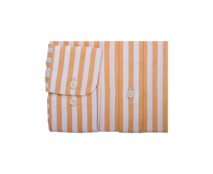 Outlet Camisa de algodón y lino a rayas Amarillo Naranja y Blanco Simonin Camisas De Rayas | Camisas De Boda