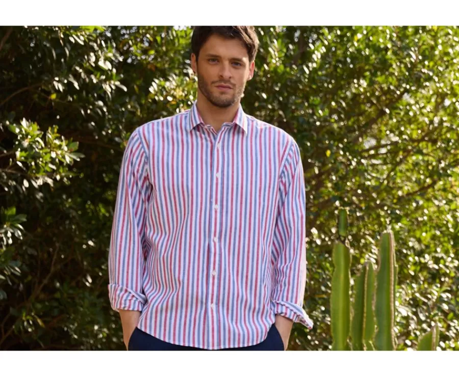 Best Camisa de algodón y lino a rayas Azul vintage Rojo y Blanco Simonin Camisas De Boda | Camisas De Rayas