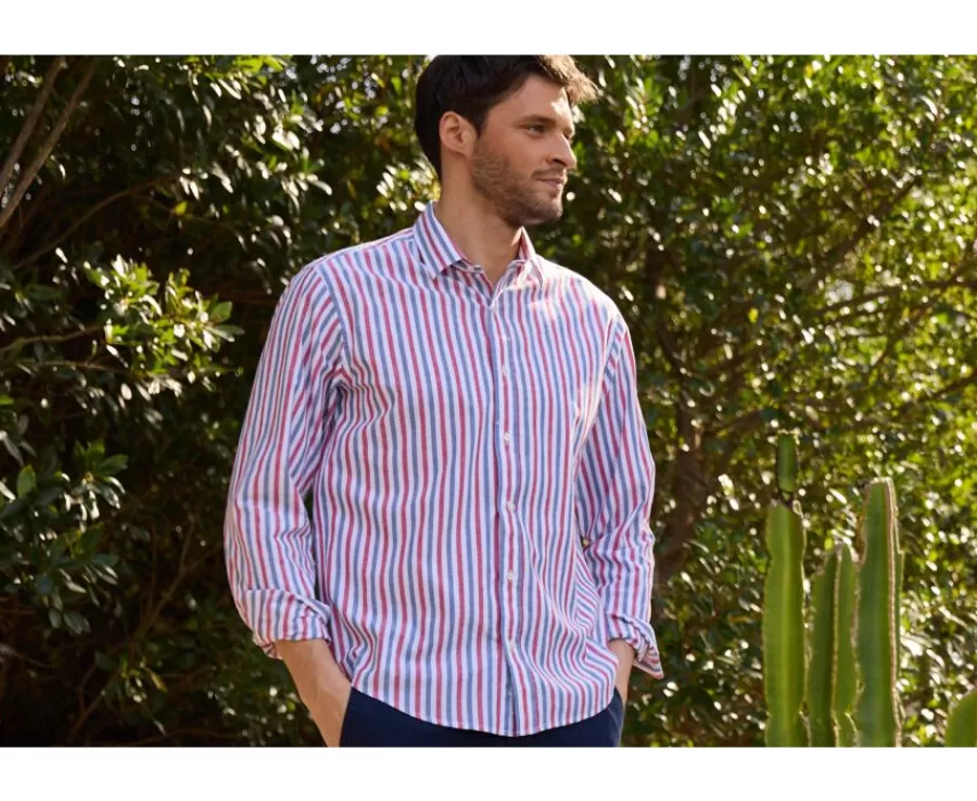 Best Camisa de algodón y lino a rayas Azul vintage Rojo y Blanco Simonin Camisas De Boda | Camisas De Rayas