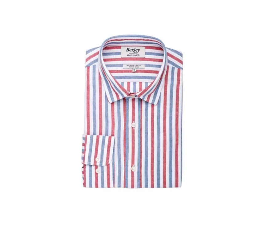 Best Camisa de algodón y lino a rayas Azul vintage Rojo y Blanco Simonin Camisas De Boda | Camisas De Rayas