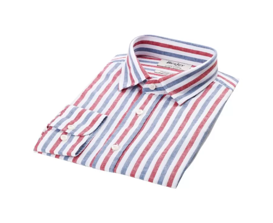 Best Camisa de algodón y lino a rayas Azul vintage Rojo y Blanco Simonin Camisas De Boda | Camisas De Rayas