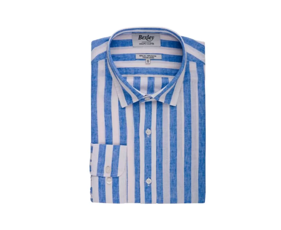 Outlet Camisa de algodón y lino a rayas Azul y Blanco Brunien Camisas De Rayas | Corte Ajustado Recortado