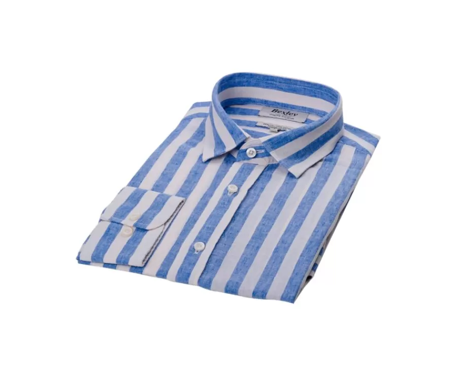 Outlet Camisa de algodón y lino a rayas Azul y Blanco Brunien Camisas De Rayas | Corte Ajustado Recortado