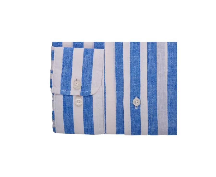 Outlet Camisa de algodón y lino a rayas Azul y Blanco Brunien Camisas De Rayas | Corte Ajustado Recortado
