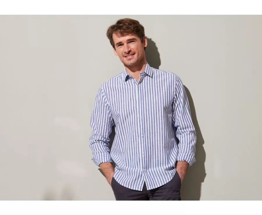 Shop Camisa de algodón y lino a rayas azules oscuras y blancas Simonin Camisas De Rayas | Corte Ajustado Recortado