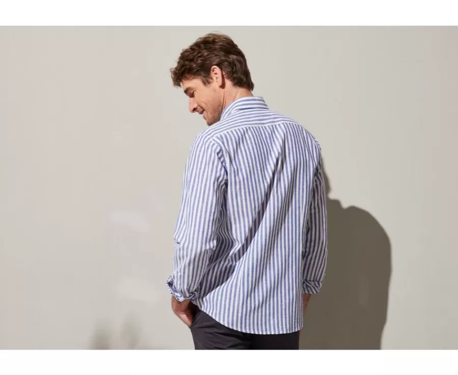 Shop Camisa de algodón y lino a rayas azules oscuras y blancas Simonin Camisas De Rayas | Corte Ajustado Recortado
