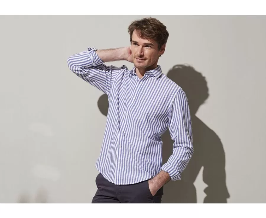Shop Camisa de algodón y lino a rayas azules oscuras y blancas Simonin Camisas De Rayas | Corte Ajustado Recortado
