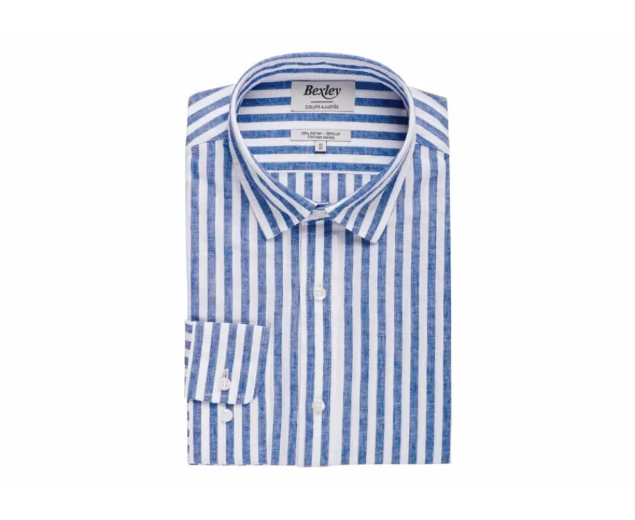Shop Camisa de algodón y lino a rayas azules oscuras y blancas Simonin Camisas De Rayas | Corte Ajustado Recortado