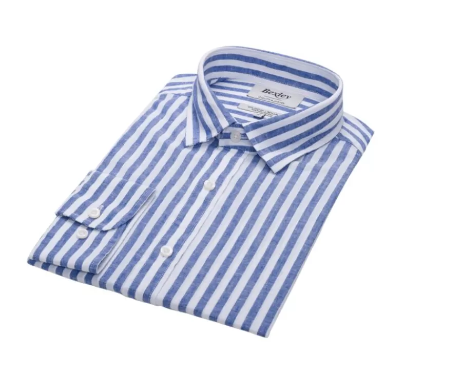 Shop Camisa de algodón y lino a rayas azules oscuras y blancas Simonin Camisas De Rayas | Corte Ajustado Recortado