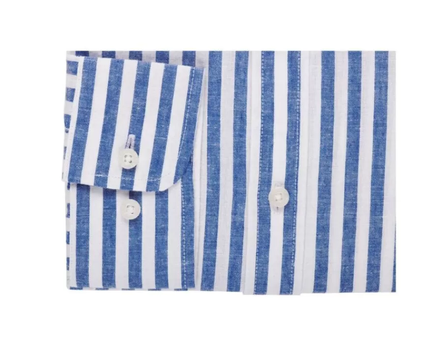 Shop Camisa de algodón y lino a rayas azules oscuras y blancas Simonin Camisas De Rayas | Corte Ajustado Recortado