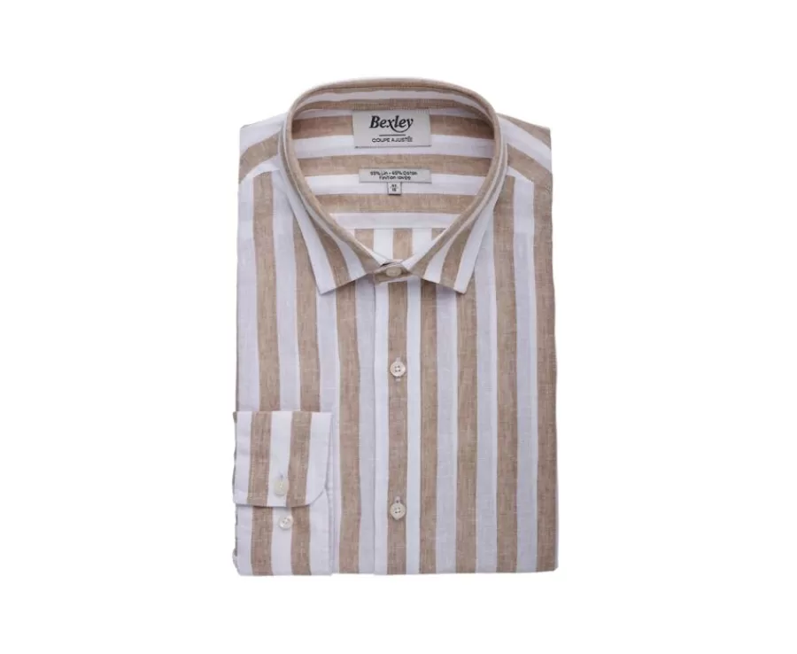 Outlet Camisa de algodón y lino a rayas Camel y Blanco Brunien Camisas De Rayas | Corte Ajustado Recortado
