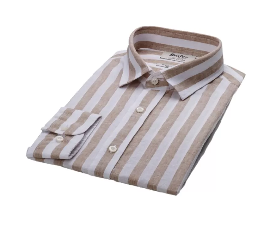 Outlet Camisa de algodón y lino a rayas Camel y Blanco Brunien Camisas De Rayas | Corte Ajustado Recortado
