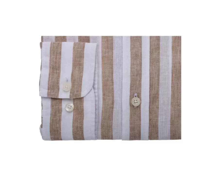 Outlet Camisa de algodón y lino a rayas Camel y Blanco Brunien Camisas De Rayas | Corte Ajustado Recortado