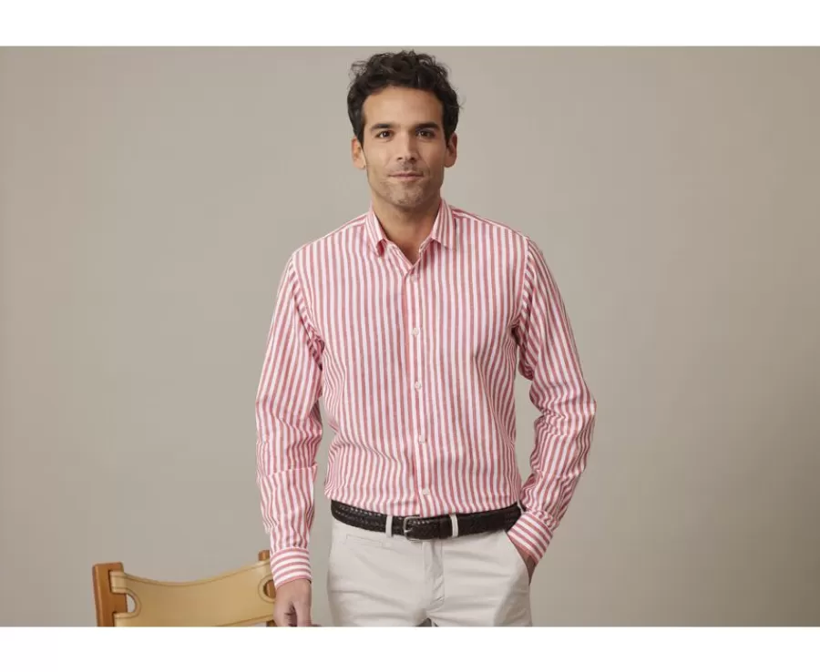 Best Sale Camisa de algodón y lino a rayas caral y blancas Simonin Camisas De Rayas | Corte Ajustado Recortado