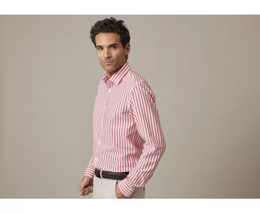 Best Sale Camisa de algodón y lino a rayas caral y blancas Simonin Camisas De Rayas | Corte Ajustado Recortado