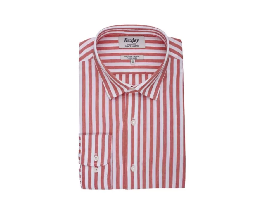 Best Sale Camisa de algodón y lino a rayas caral y blancas Simonin Camisas De Rayas | Corte Ajustado Recortado