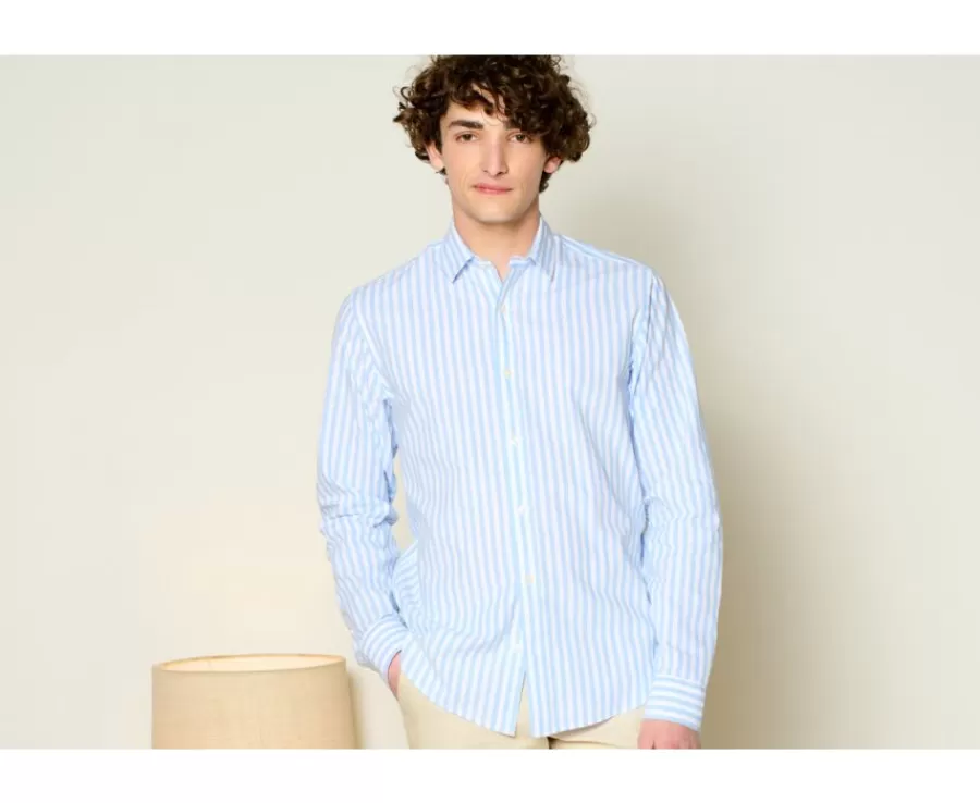 Sale Camisa de algodón y lino a rayas Celeste y Blanco Simonin Camisas De Rayas | Corte Ajustado Recortado