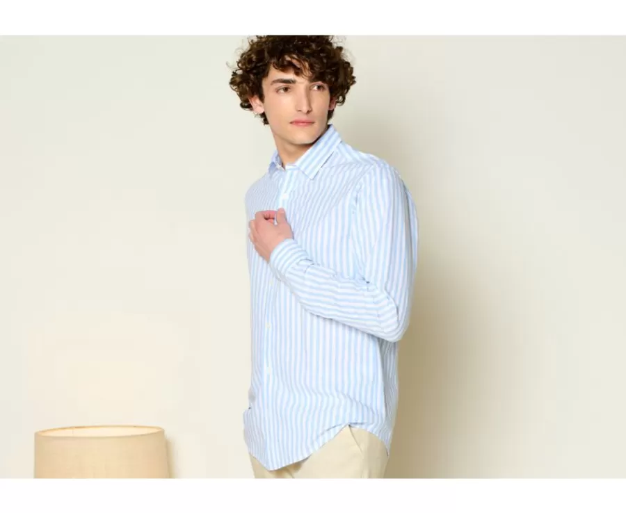 Sale Camisa de algodón y lino a rayas Celeste y Blanco Simonin Camisas De Rayas | Corte Ajustado Recortado