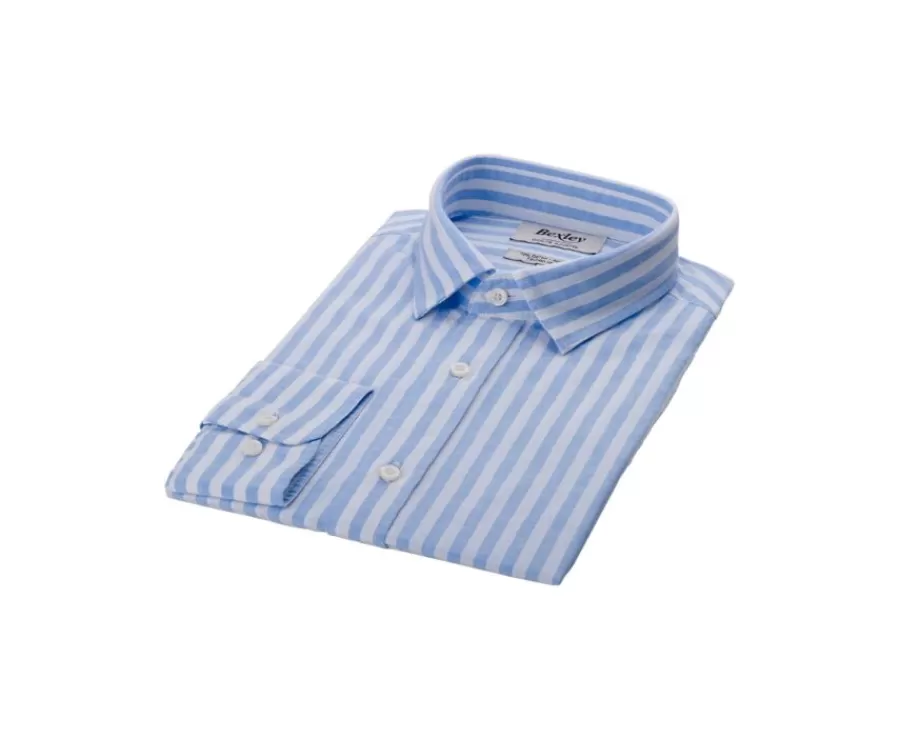 Sale Camisa de algodón y lino a rayas Celeste y Blanco Simonin Camisas De Rayas | Corte Ajustado Recortado