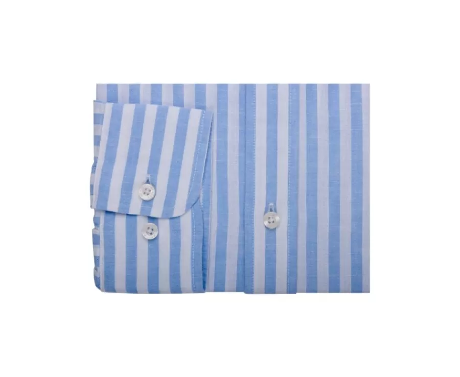 Sale Camisa de algodón y lino a rayas Celeste y Blanco Simonin Camisas De Rayas | Corte Ajustado Recortado
