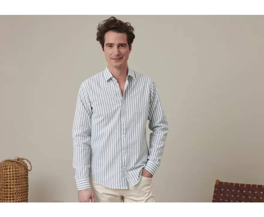 Fashion Camisa de algodón y lino a rayas verdes y blancas Simonin Camisas De Rayas | Corte Ajustado Recortado