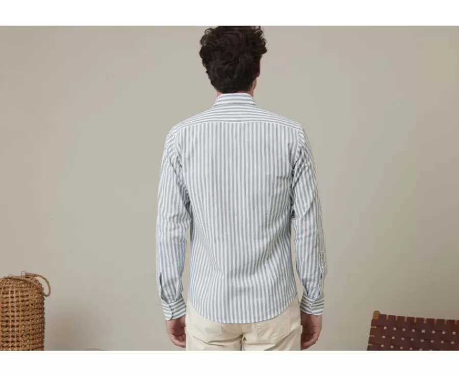 Fashion Camisa de algodón y lino a rayas verdes y blancas Simonin Camisas De Rayas | Corte Ajustado Recortado