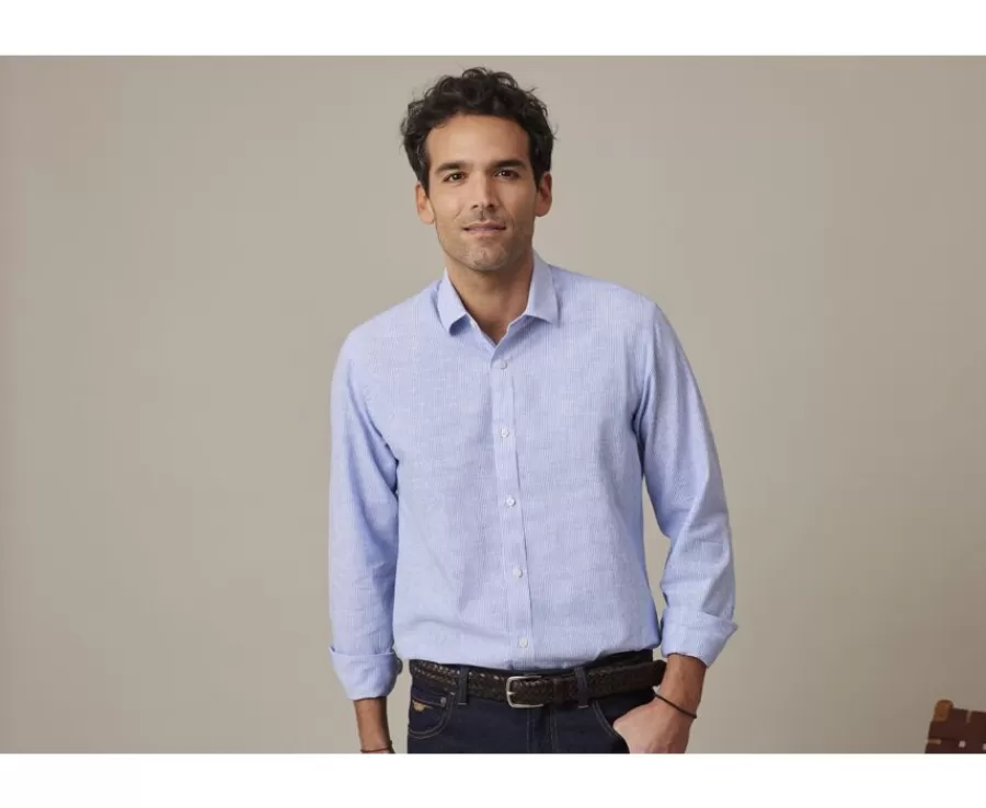 Sale Camisa de algodón y lino  Azul y Borde blanco Edibert Camisas De Rayas | Corte Ajustado Recortado