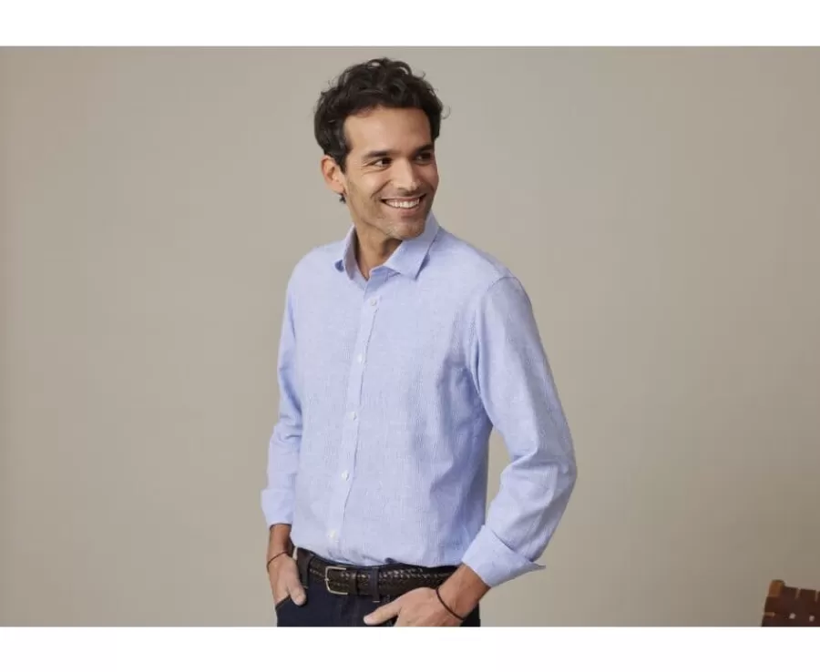 Sale Camisa de algodón y lino  Azul y Borde blanco Edibert Camisas De Rayas | Corte Ajustado Recortado