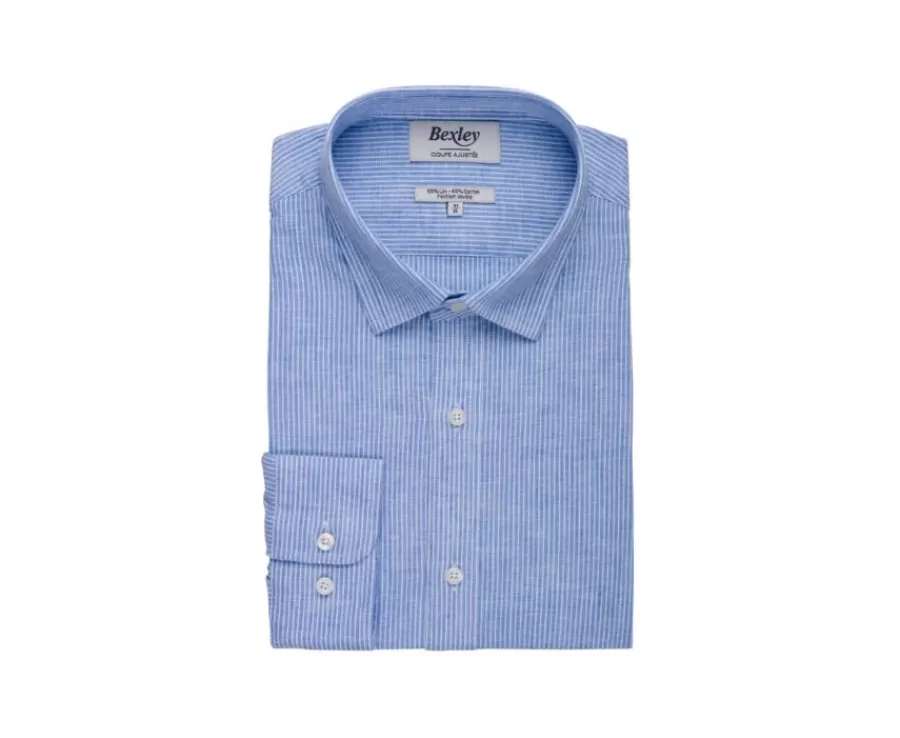 Sale Camisa de algodón y lino  Azul y Borde blanco Edibert Camisas De Rayas | Corte Ajustado Recortado