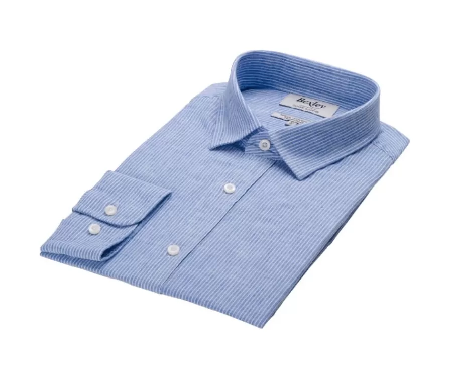 Sale Camisa de algodón y lino  Azul y Borde blanco Edibert Camisas De Rayas | Corte Ajustado Recortado