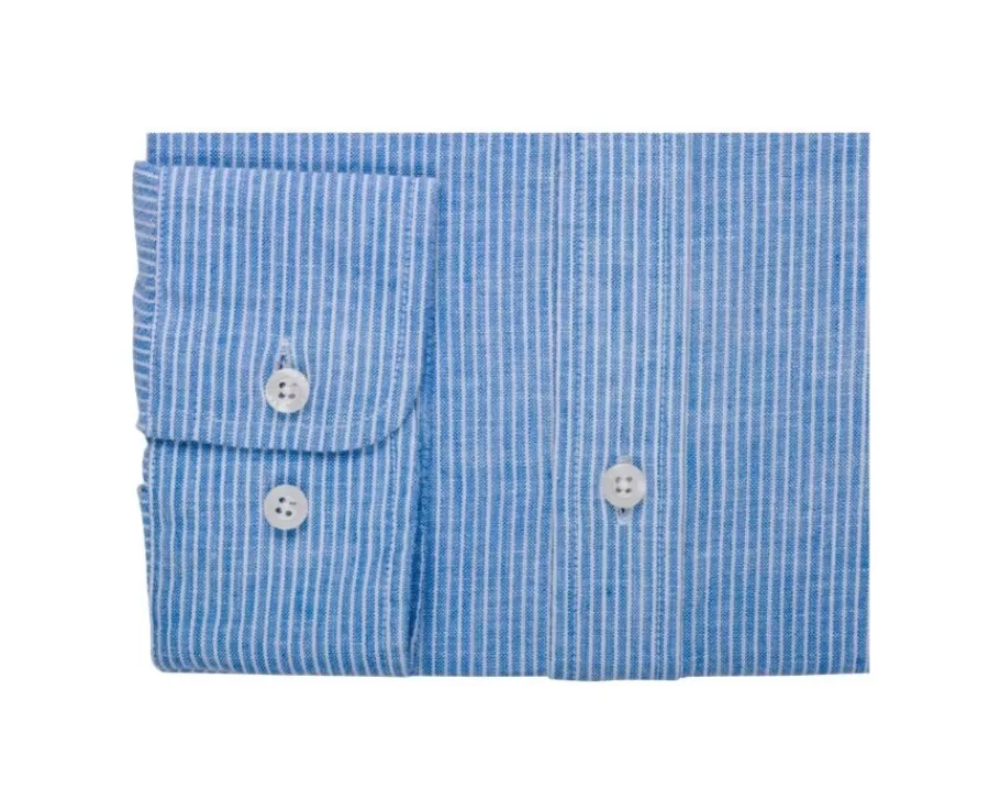 Sale Camisa de algodón y lino  Azul y Borde blanco Edibert Camisas De Rayas | Corte Ajustado Recortado