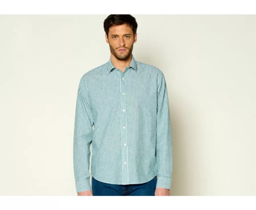 Sale Camisa de algodón y lino Chambray Vert y blanco Edibert Camisas De Rayas | Corte Ajustado Recortado