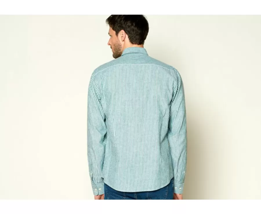 Sale Camisa de algodón y lino Chambray Vert y blanco Edibert Camisas De Rayas | Corte Ajustado Recortado