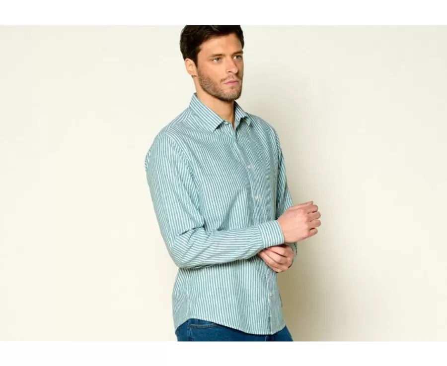 Sale Camisa de algodón y lino Chambray Vert y blanco Edibert Camisas De Rayas | Corte Ajustado Recortado