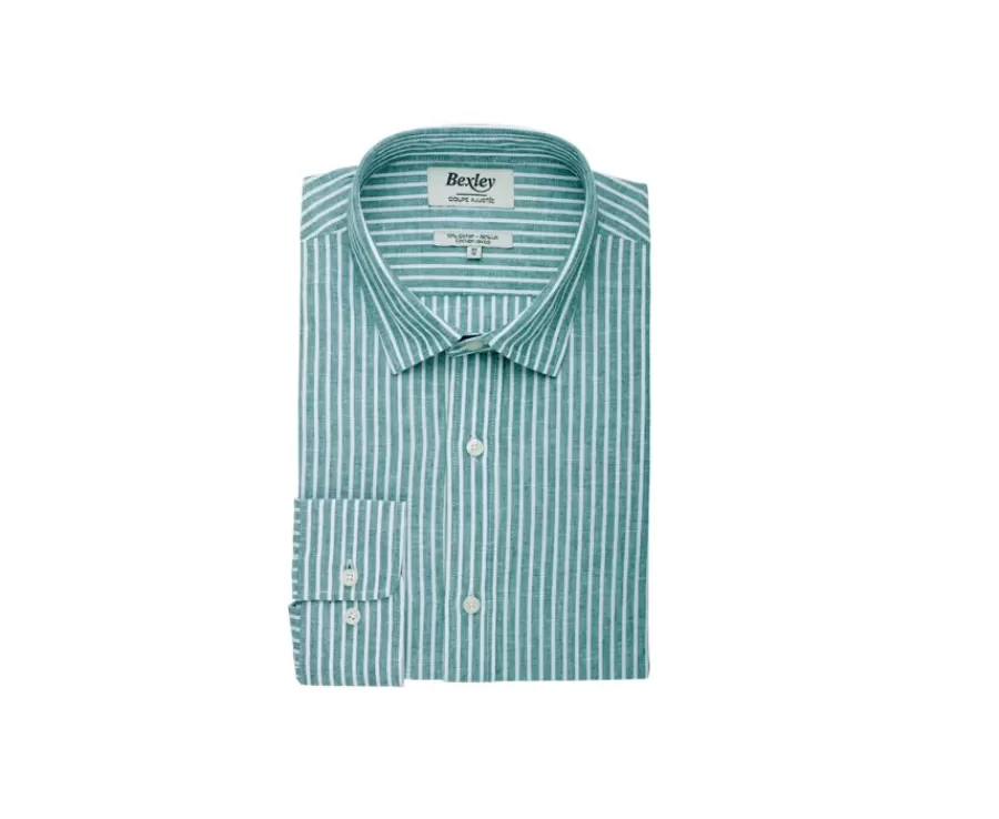 Sale Camisa de algodón y lino Chambray Vert y blanco Edibert Camisas De Rayas | Corte Ajustado Recortado