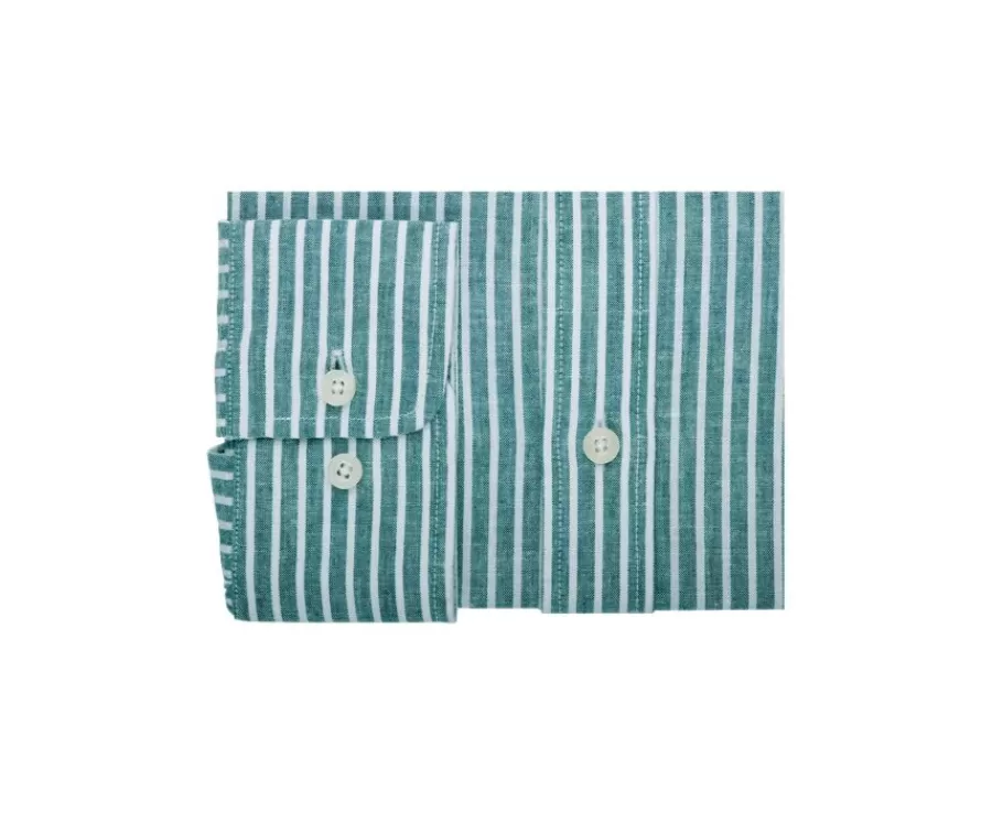 Sale Camisa de algodón y lino Chambray Vert y blanco Edibert Camisas De Rayas | Corte Ajustado Recortado