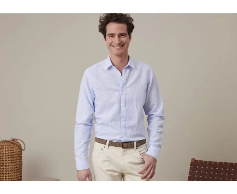 New Camisa de algodón y lino con rayas Celeste y blanco Edibert Camisas De Rayas | Corte Ajustado Recortado