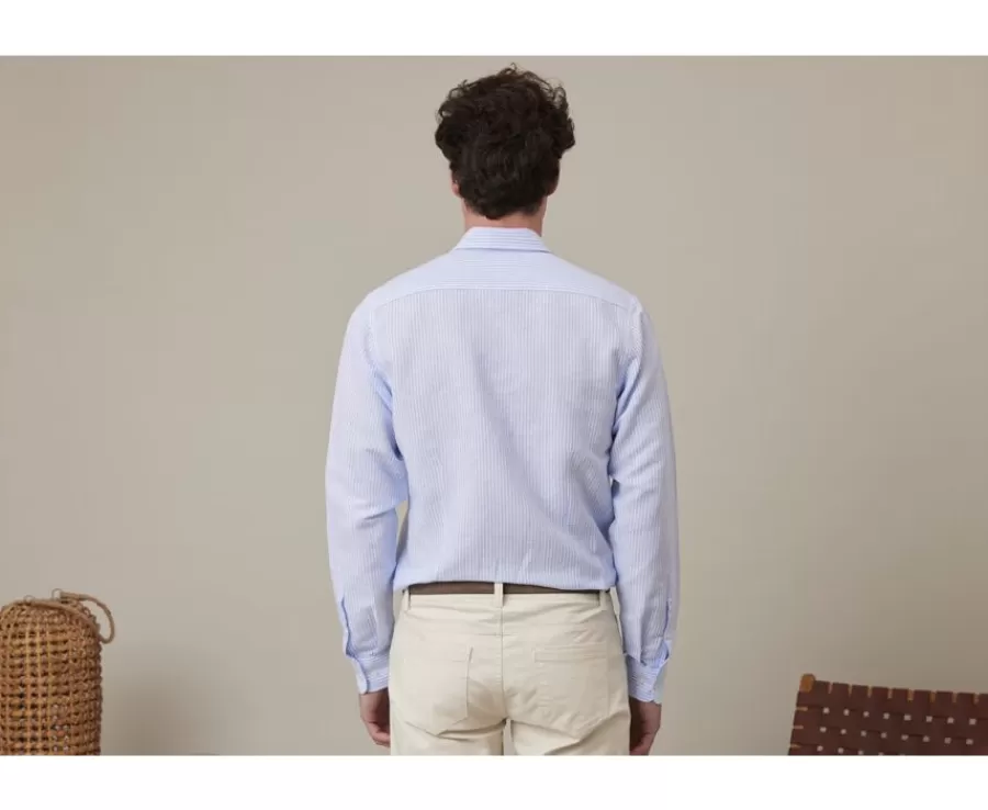 New Camisa de algodón y lino con rayas Celeste y blanco Edibert Camisas De Rayas | Corte Ajustado Recortado